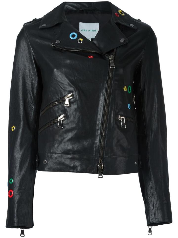 Mira Mikati Eyelet Embellished Biker Jacket, Women's, Size: 36, Black, Leather/polyester