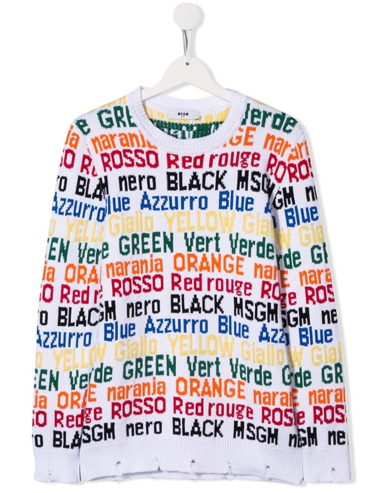 Msgm Kids Slogan Colour-block Sweater - White