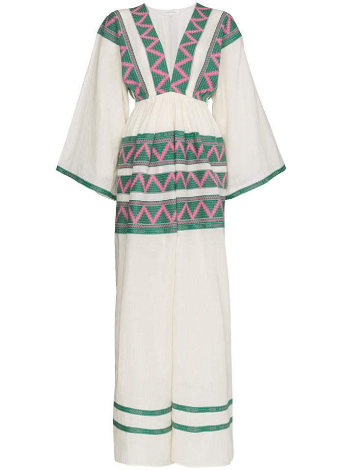 Celia Dragouni V-neck Zig Zag Embroidered Kaftan Dress - Nude &