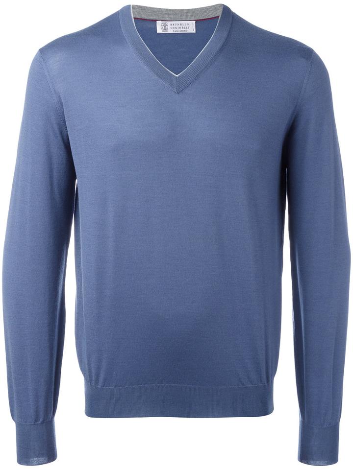 Brunello Cucinelli Fitted Cuffs V-neck Jumper, Men's, Size: 50, Blue, Cashmere/virgin Wool