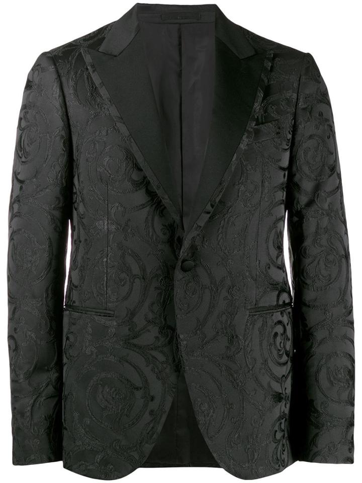 Versace Monochrome Embroidered Floral Pattern Blazer - Black