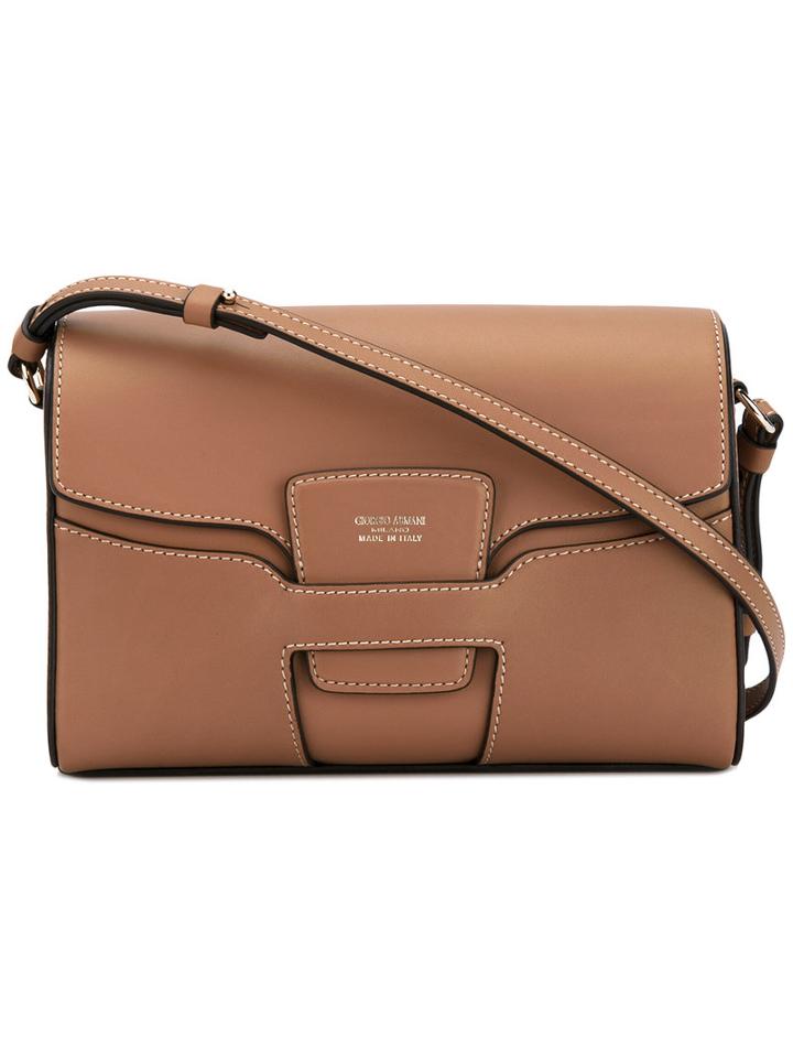 Stitching Detail Small Crossbody Bag - Women - Calf Leather - One Size, Brown, Calf Leather, Giorgio Armani