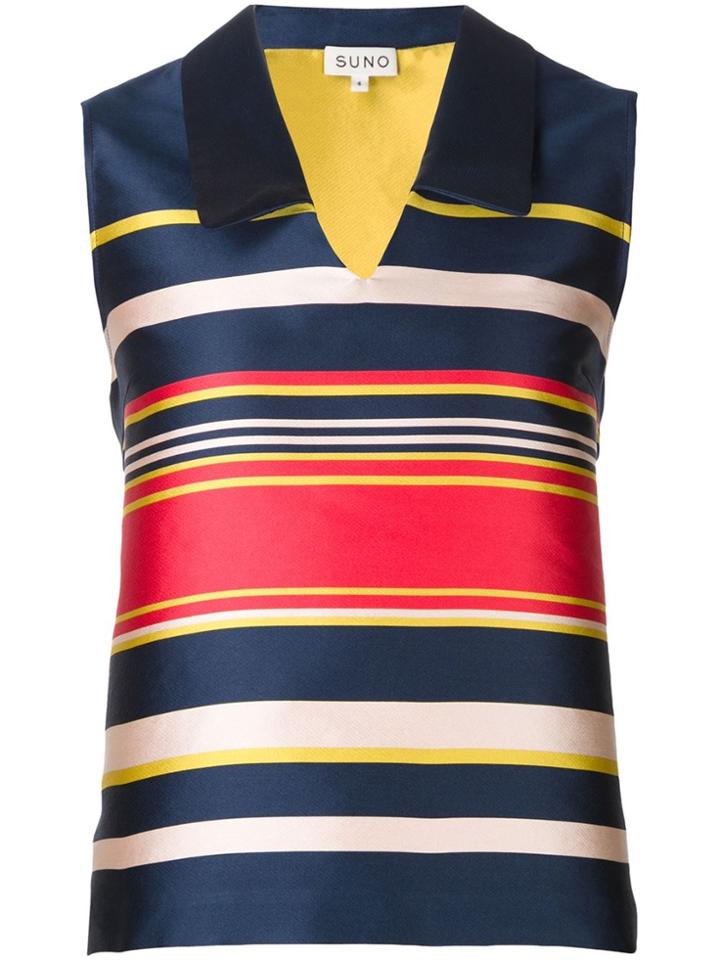 Suno Striped V-neck Top - Blue