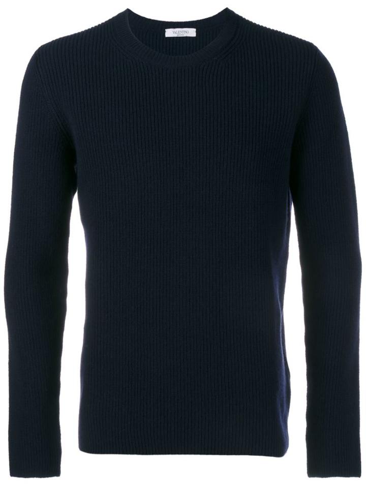 Valentino Ribbed Crew Neck Jumper, Men's, Size: Small, Blue, Cashmere/virgin Wool