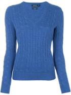 Polo Ralph Lauren Cable Knit V Neck Jumper, Women's, Size: Large, Blue, Cashmere