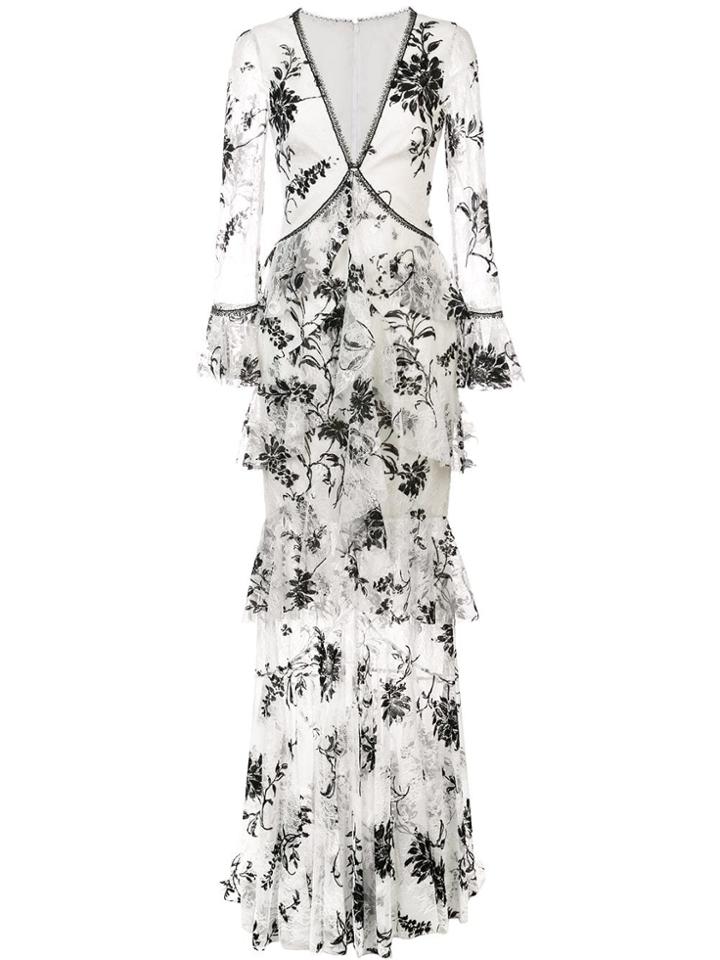 Marchesa Notte Embroidered Floral Lace Dress - White