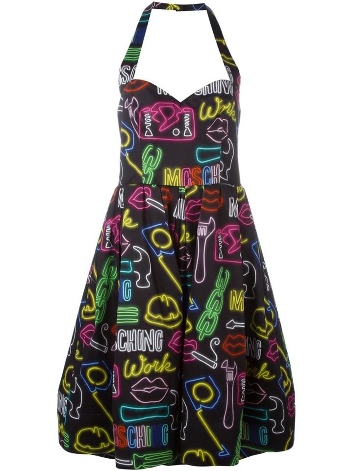 Moschino Neon Light Print Dress, Women's, Size: 46, Black, Cotton/other Fibers/polyamide/rayon