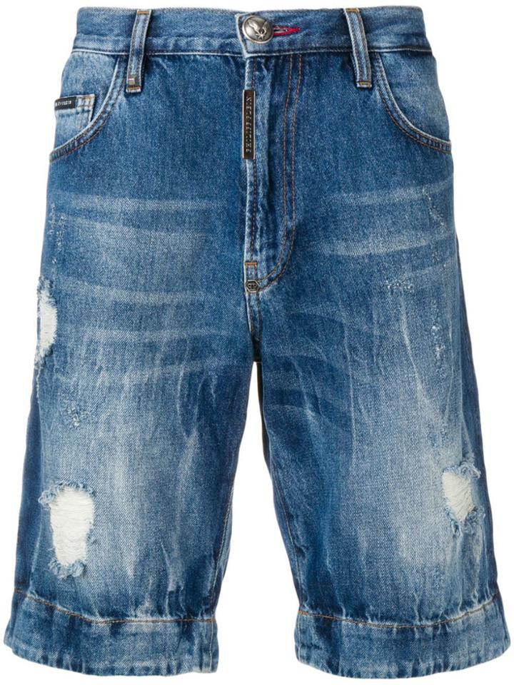 Philipp Plein Distressed Skull Shorts - Blue