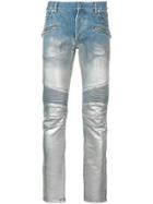 Balmain Metallic Biker Jeans - Blue