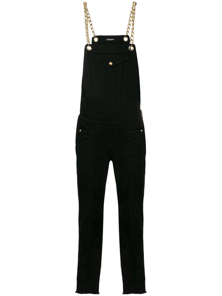 Balmain Chain-trimmed Denim Overalls - Black