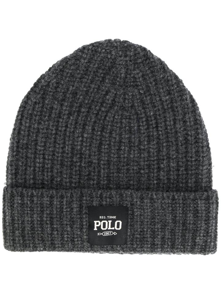 Polo Ralph Lauren Logo Patch Ribbed Beanie - Grey