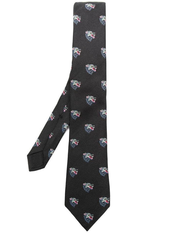Gucci Wolf Head Embroidered Tie - Black