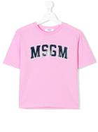 Msgm Kids Logo Print Cropped T-shirt - Pink & Purple