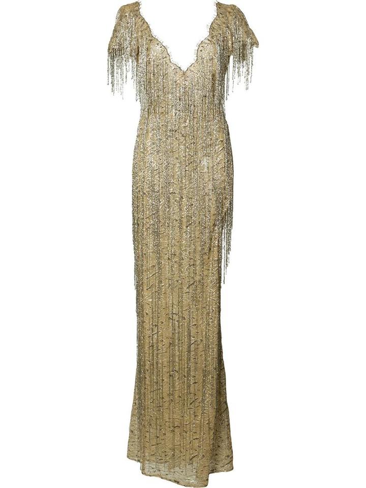 Marchesa Fringed Fitted Dress, Women's, Size: 4, Grey, Silk/nylon