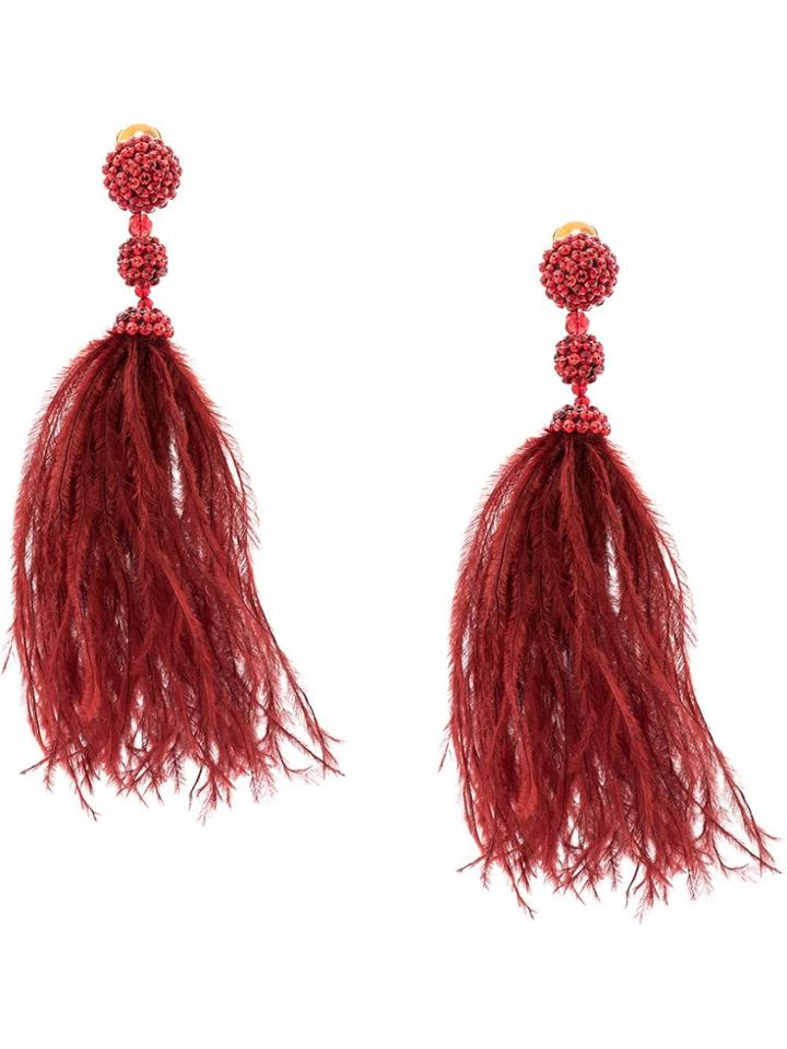 Oscar De La Renta Beaded Feather Duster Earrings - Red