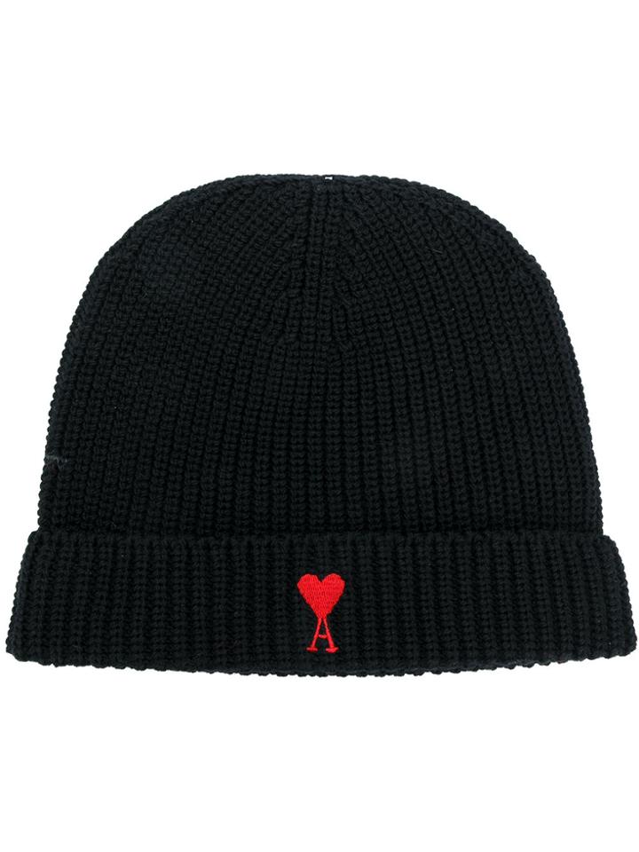 Ami Alexandre Mattiussi Ami De Coeur Embroidery Rib Beanie - Black