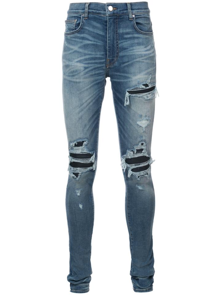 Amiri Distressed Biker Panel Skinny Jeans - Blue