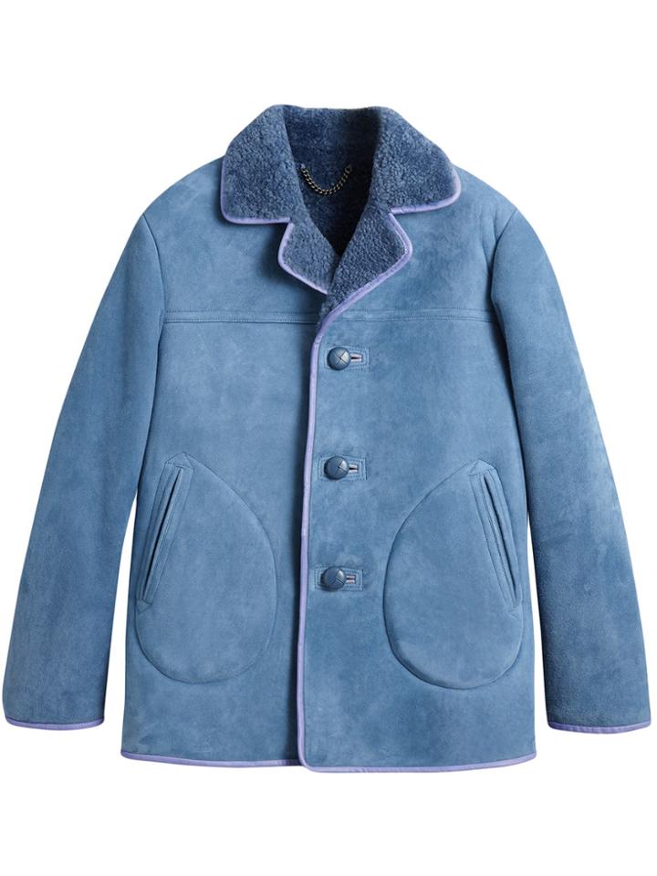 Burberry Leather Trim Shearling Jacket - Blue