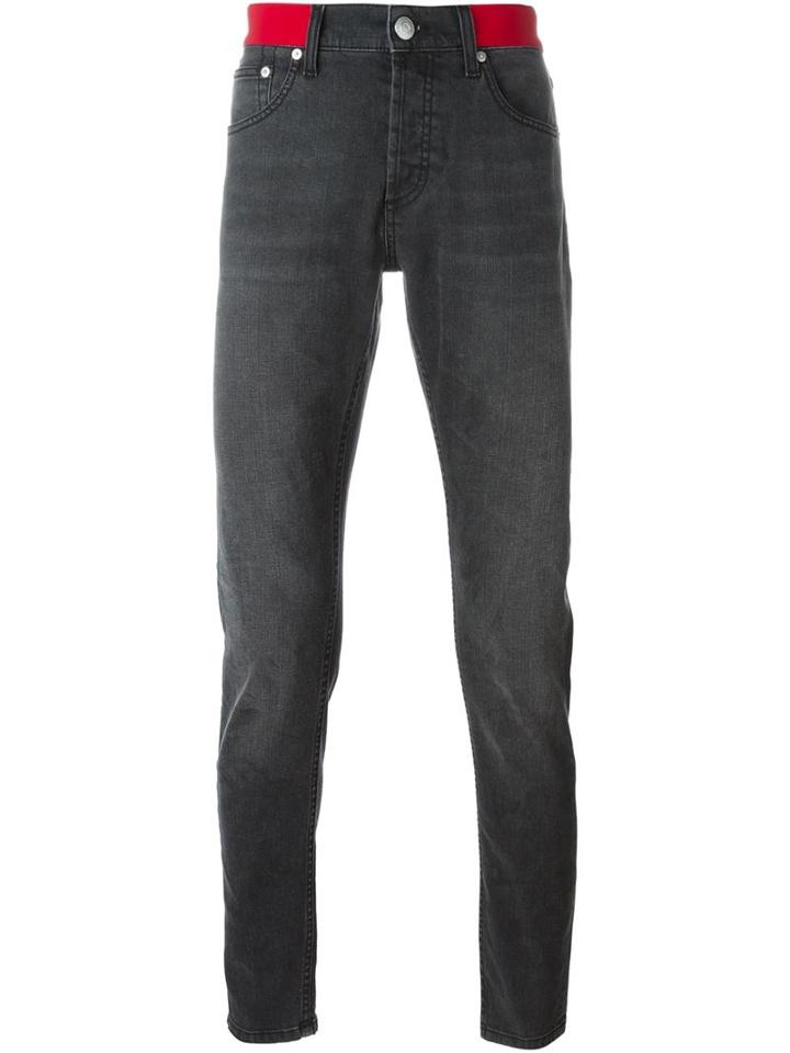 Alexander Mcqueen Contrast Waistband Jeans, Men's, Size: 50, Grey, Cotton/spandex/elastane/calf Leather