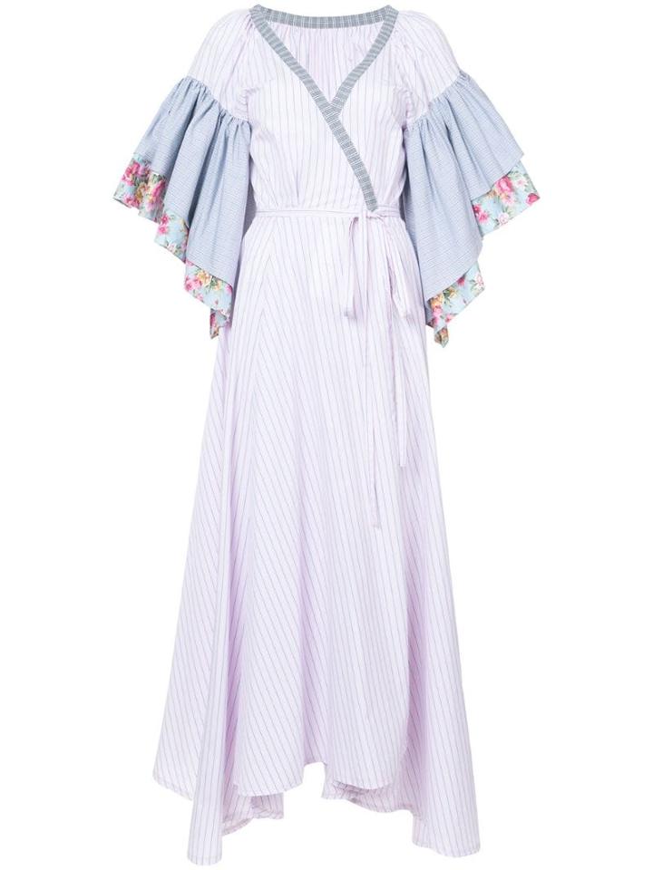 Natasha Zinko Floral Striped Ruffle Sleeve Wrap Dress - Pink
