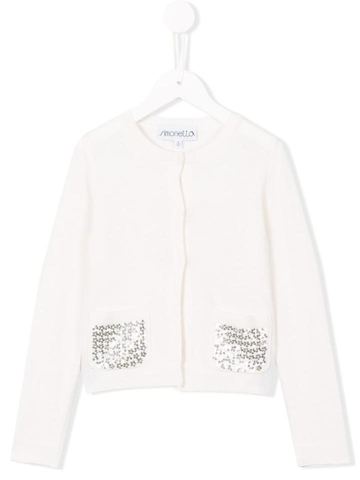 Simonetta Sequinned Front Pockets Cardigan, Girl's, Size: 6 Yrs, White