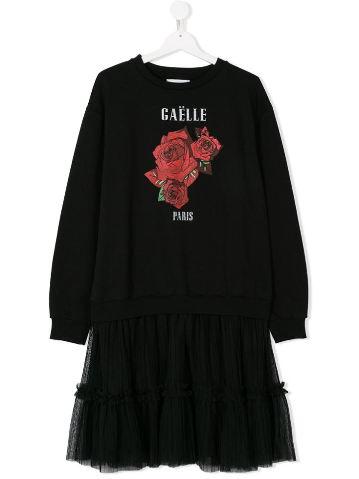 Gaelle Paris Kids Teen Rose Print Sweatshirt Dress - Black
