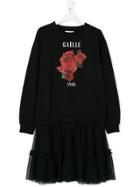 Gaelle Paris Kids Teen Rose Print Sweatshirt Dress - Black