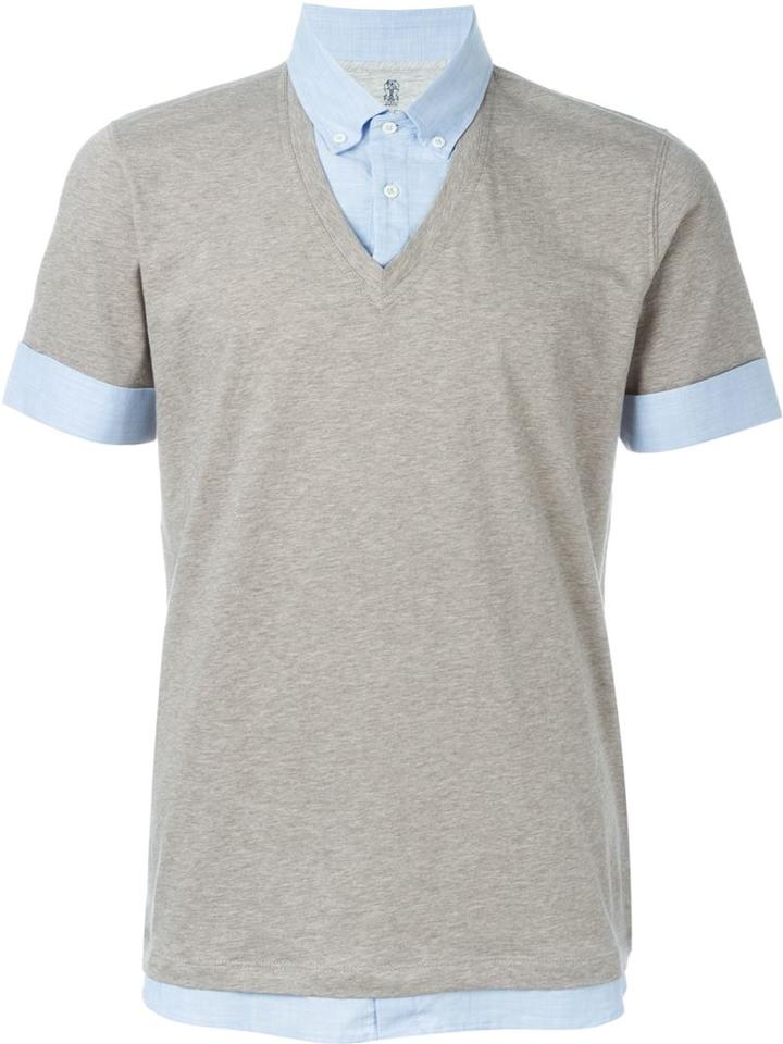 Brunello Cucinelli Button Down Collar Layered Shirt, Men's, Size: L, Grey, Cotton