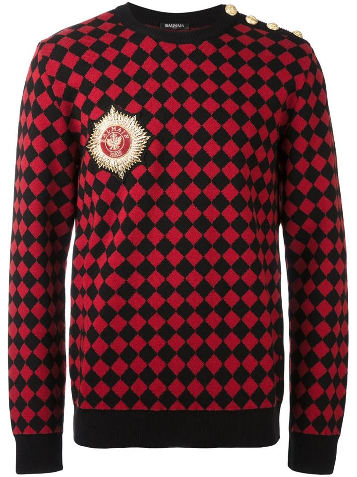Balmain Checked Branded Patch Jumper