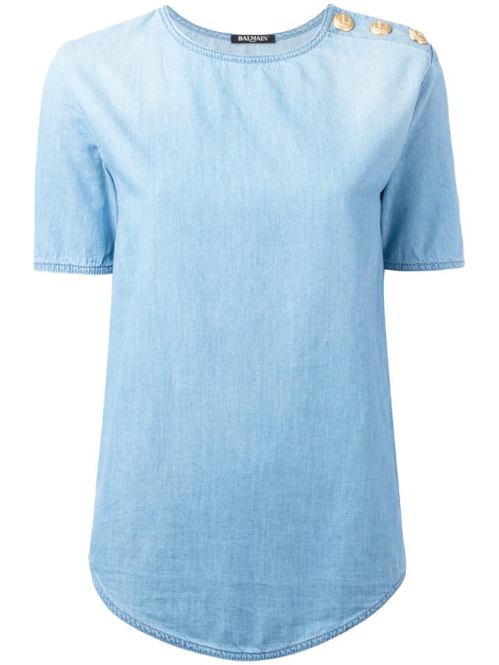 Balmain Buttoned Shoulder Denim T-shirt - Blue