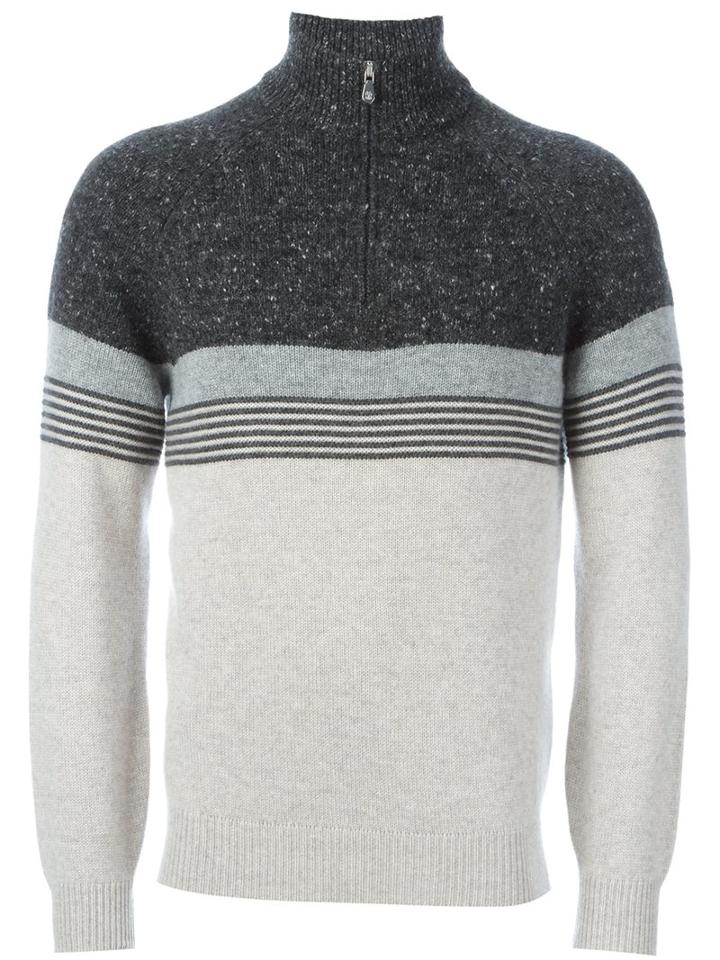 Brunello Cucinelli Striped Henley Jumper, Men's, Size: 52, Grey, Silk/cashmere/virgin Wool