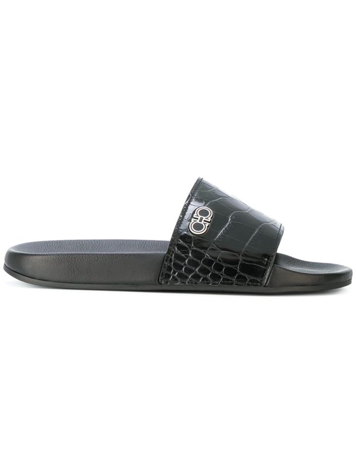 Salvatore Ferragamo Snakeskin-effect Sliders - Black