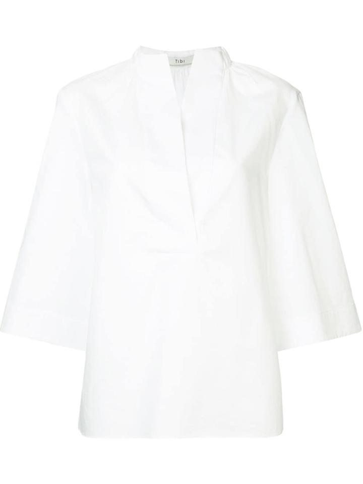 Tibi Satin Poplin Bell Sleeve Split Neck Top - White