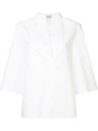 Tibi Satin Poplin Bell Sleeve Split Neck Top - White