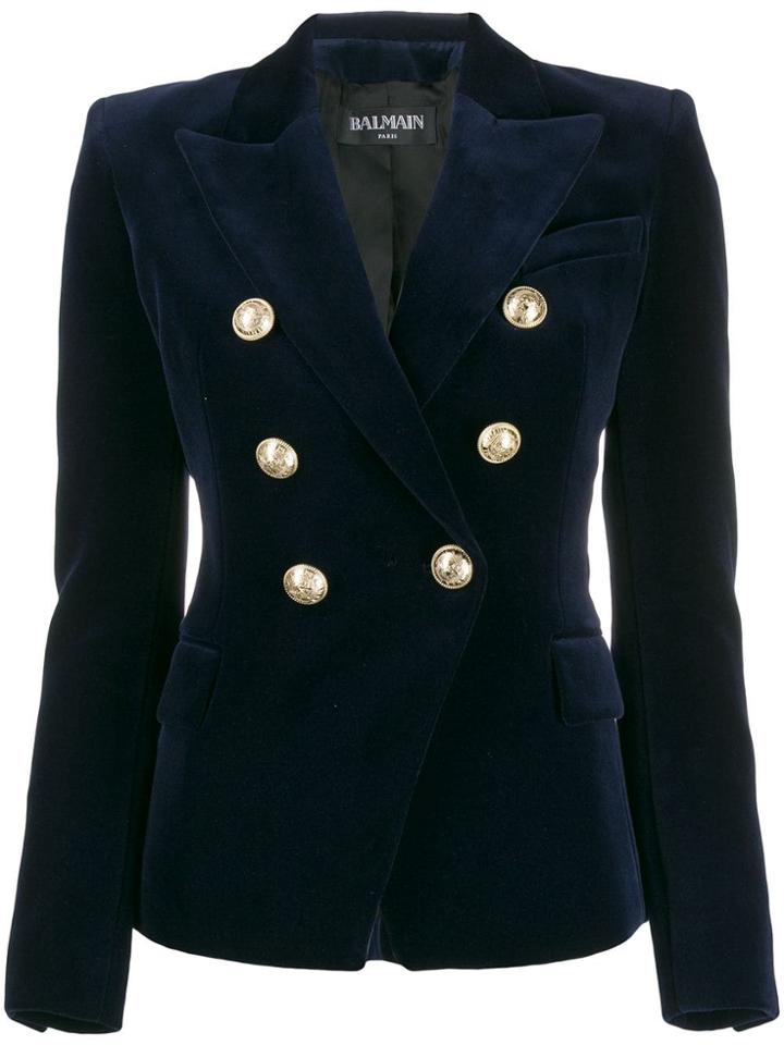 Balmain Double Breasted Velvet Blazer - Blue