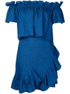 Goen.j - Ruffle Panel Bardot Dress - Women - Linen/flax - L, Blue, Linen/flax