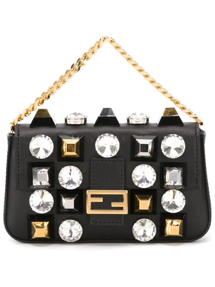 Fendi Micro 'baguette' Clutch, Women's, Black, Calf Leather/crystal/metal