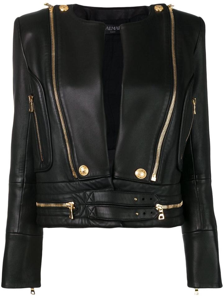 Balmain Metallic Details Leather Jacket - Black