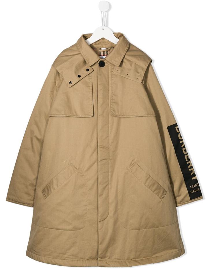 Burberry Kids Teen Side Logo Hooded Parka - Neutrals
