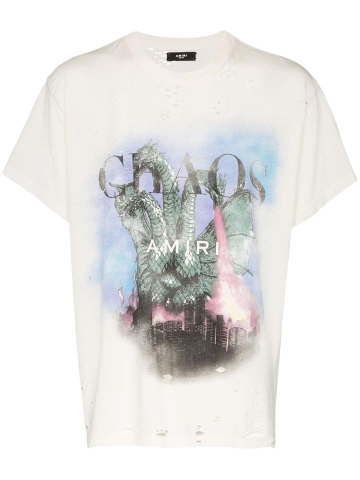 Amiri Chaos Logo Print Distressed Cotton T-shirt - White