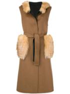 Liska Fur Details Sleeveless Coat - Neutrals
