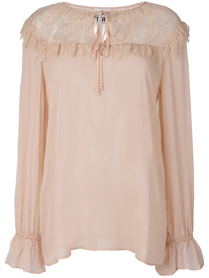 Twin-set - Lace Panel Semi-sheer Blouse - Women - Polyamide/viscose - Xl, Pink/purple, Polyamide/viscose