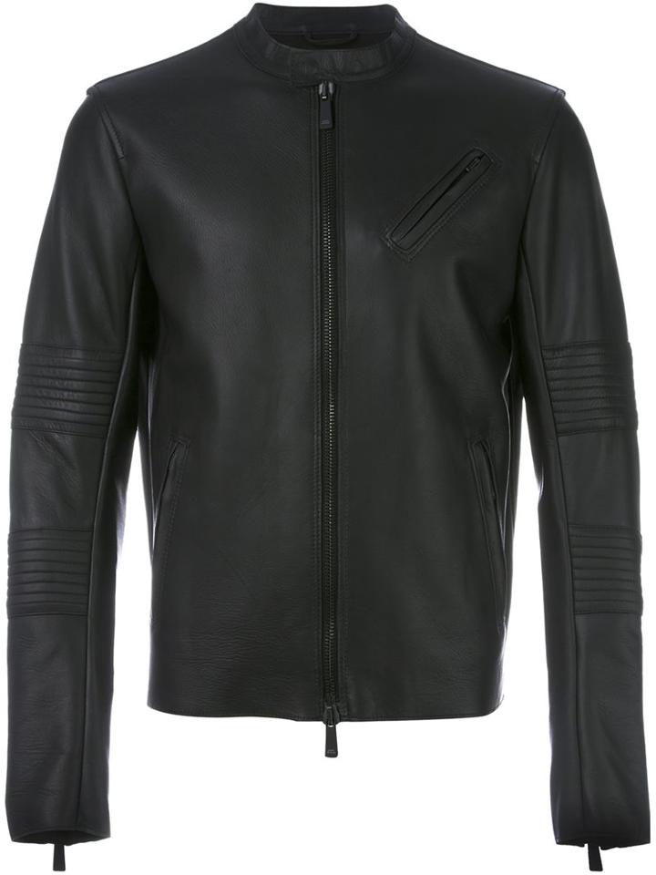 Marcelo Burlon County Of Milan Zipped Leather Jacket, Men's, Size: Small, Black, Calf Leather