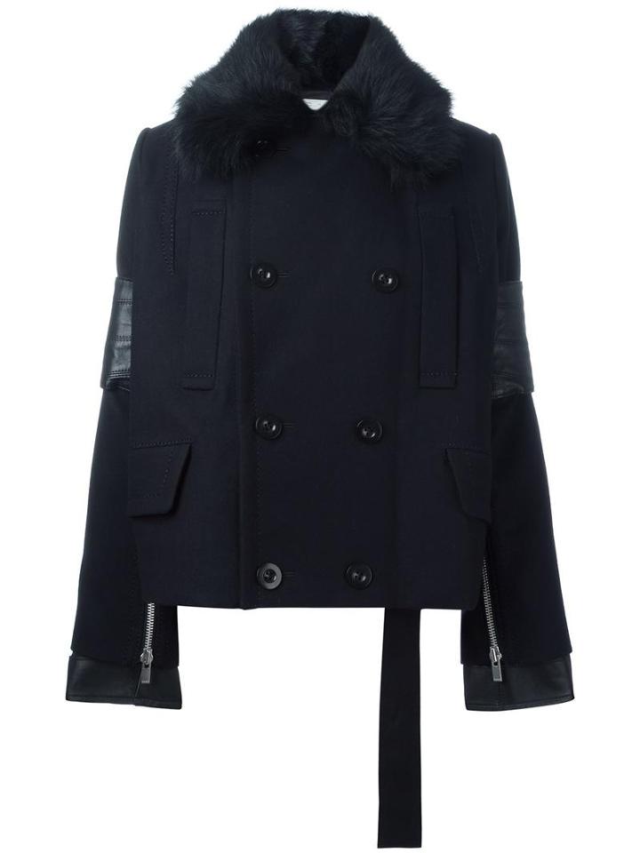 Sacai Fur Collar Peacoat, Women's, Size: 2, Blue, Lamb Skin/cupro/wool/lamb Fur
