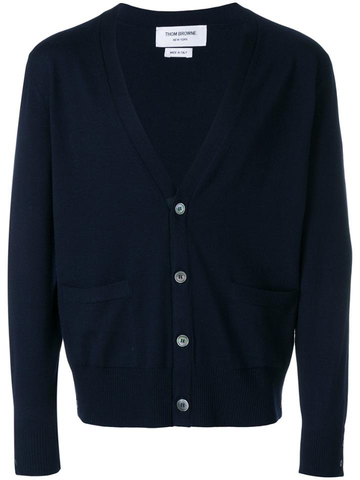 Thom Browne V-neck Cardigan In Mercerized Merino - Blue