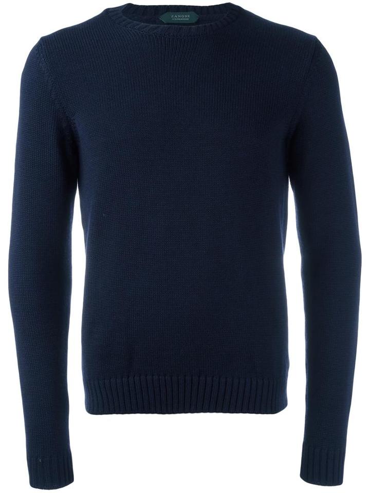Zanone Crew Neck Jumper, Men's, Size: 52, Blue, Virgin Wool