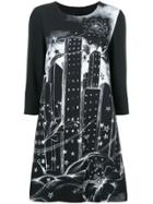 Boutique Moschino Hand Painted-look Building Print Dress - Black