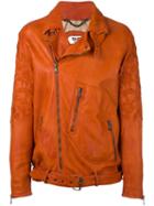 Pihakapi Embroidered Biker Jacket, Men's, Size: Medium, Yellow/orange, Lamb Skin/viscose