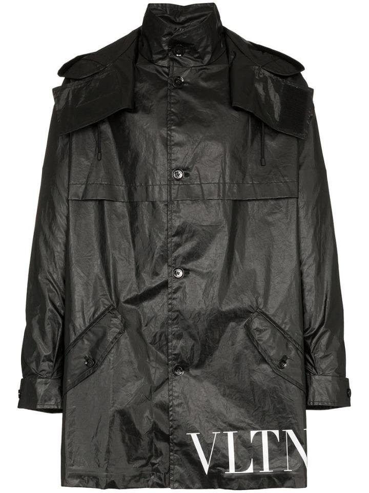 Valentino Vltn Logo Waxed Hooded Parka - Black