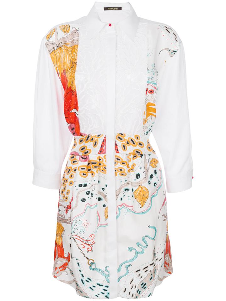 Roberto Cavalli Printed Embroidered Shirt Dress - White